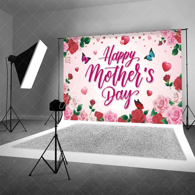 Aperturee - Aperturee Pink and Red Roses Happy Mothers Day Backdrop Floral Butterflies and Hearts Party Background Sweet Love Celebration