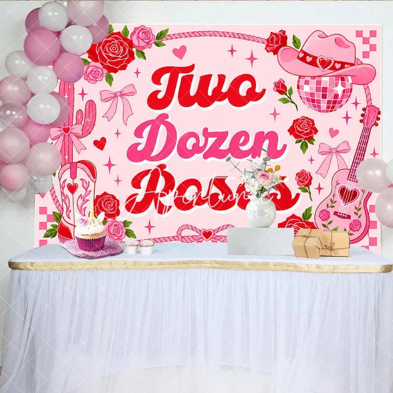 Aperturee - Aperturee Pink and Red Two Dozen Roses Western Birthday Backdrop with Cowboy Hat Boots and Disco Ball Girly Party Decor.