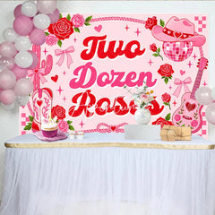 Aperturee - Aperturee Pink and Red Two Dozen Roses Western Birthday Backdrop with Cowboy Hat Boots and Disco Ball Girly Party Decor.