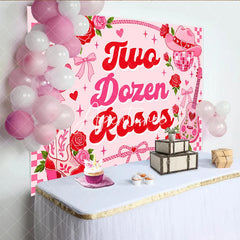 Aperturee - Aperturee Pink and Red Two Dozen Roses Western Birthday Backdrop with Cowboy Hat Boots and Disco Ball Girly Party Decor.