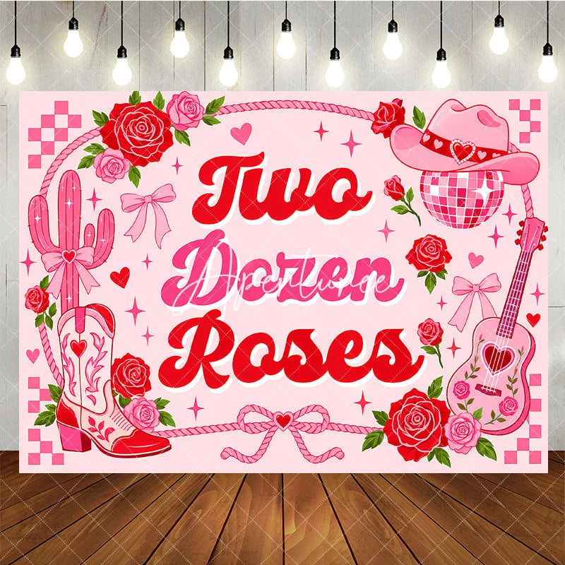 Aperturee - Aperturee Pink and Red Two Dozen Roses Western Birthday Backdrop with Cowboy Hat Boots and Disco Ball Girly Party Decor.