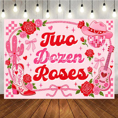 Aperturee - Aperturee Pink and Red Two Dozen Roses Western Birthday Backdrop with Cowboy Hat Boots and Disco Ball Girly Party Decor.