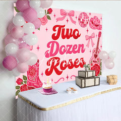Aperturee - Aperturee Pink and Red Two Dozen Roses Western Groovy Birthday Backdrop Cowboy Boot Guitar Disco Ball Decor