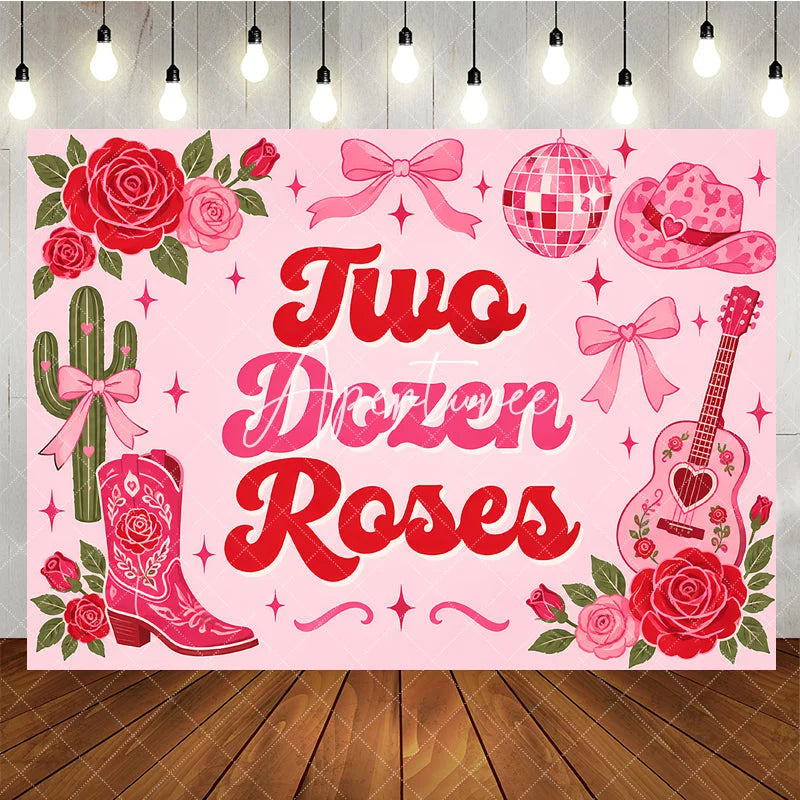 Aperturee - Aperturee Pink and Red Two Dozen Roses Western Groovy Birthday Backdrop Cowboy Boot Guitar Disco Ball Decor