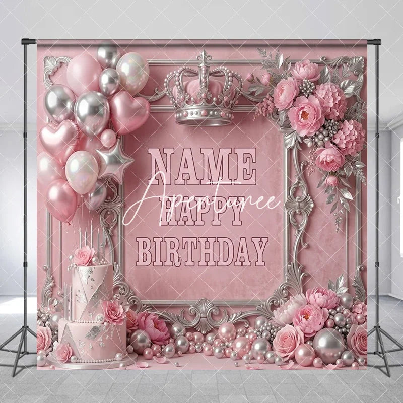 Aperturee - Aperturee Pink and Silver Princess Crown Custom Birthday Backdrop with Balloons and Cake Elegant Party Decor