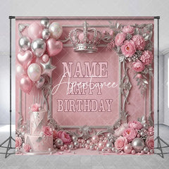 Aperturee - Aperturee Pink and Silver Princess Crown Custom Birthday Backdrop with Balloons and Cake Elegant Party Decor