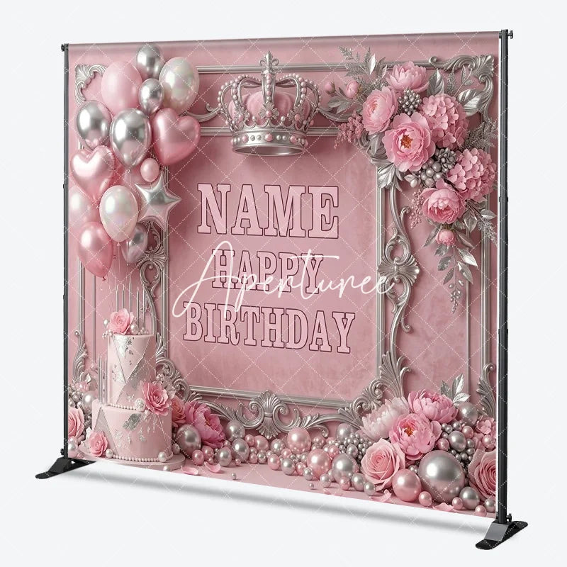 Aperturee - Aperturee Pink and Silver Princess Crown Custom Birthday Backdrop with Balloons and Cake Elegant Party Decor