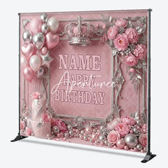 Aperturee - Aperturee Pink and Silver Princess Crown Custom Birthday Backdrop with Balloons and Cake Elegant Party Decor
