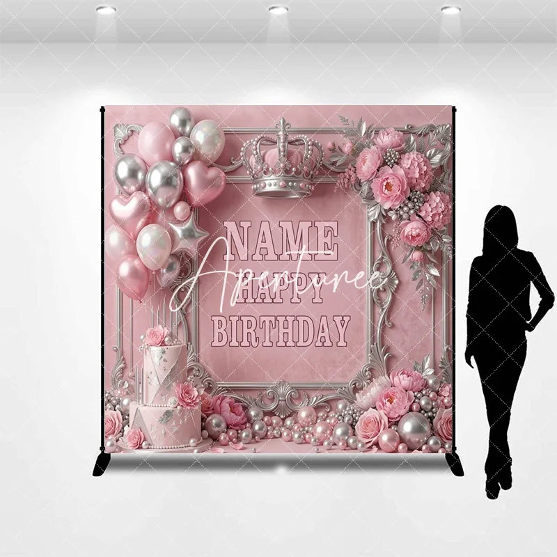 Aperturee - Aperturee Pink and Silver Princess Crown Custom Birthday Backdrop with Balloons and Cake Elegant Party Decor