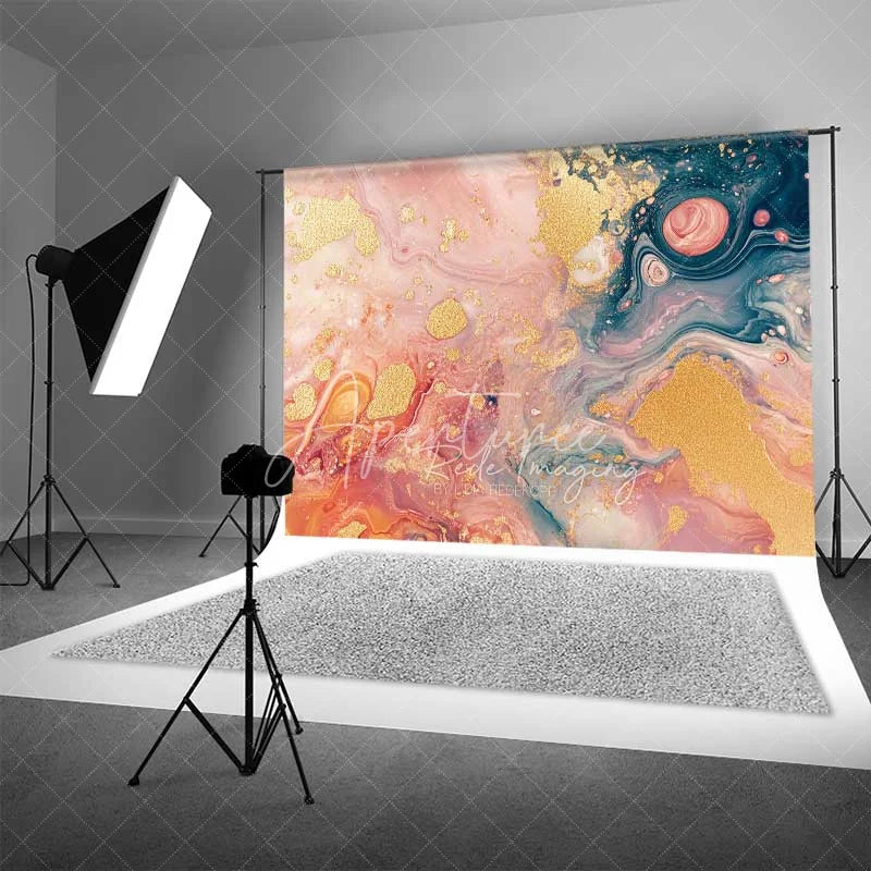 Aperturee - Aperturee Pink and Teal Marble Fluid Art Backdrop Gold Glitter Abstract Photography Background Elegant Event Decor