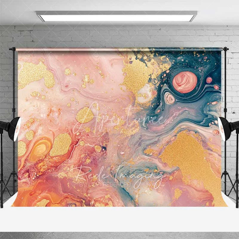 Aperturee - Aperturee Pink and Teal Marble Fluid Art Backdrop Gold Glitter Abstract Photography Background Elegant Event Decor