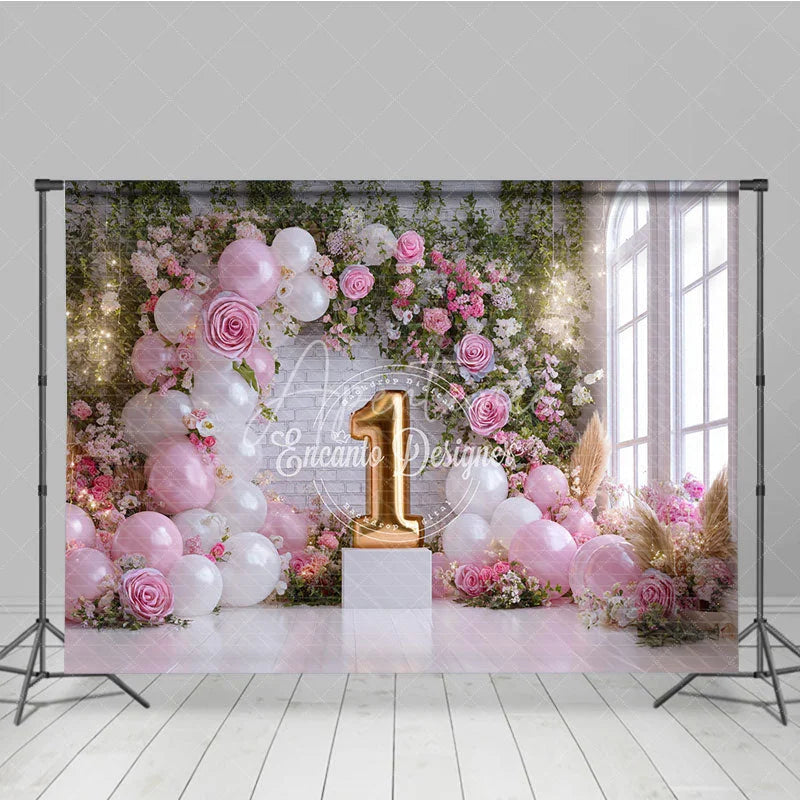 Aperturee - Aperturee Pink and White Balloons Floral Arch First Birthday Photography Backdrop Golden Number One Window Light