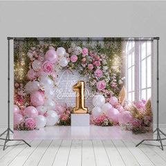 Aperturee - Aperturee Pink and White Balloons Floral Arch First Birthday Photography Backdrop Golden Number One Window Light