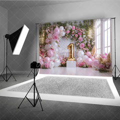 Aperturee - Aperturee Pink and White Balloons Floral Arch First Birthday Photography Backdrop Golden Number One Window Light