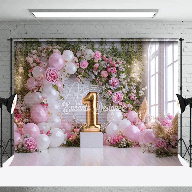 Aperturee - Aperturee Pink and White Balloons Floral Arch First Birthday Photography Backdrop Golden Number One Window Light