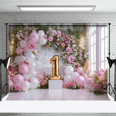 Aperturee - Aperturee Pink and White Balloons Floral Arch First Birthday Photography Backdrop Golden Number One Window Light
