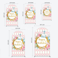 Aperturee - Aperturee Pink and White Diamond Pattern Round Top Arch Backdrop Happy Birthday Fairytale Tea Party Decor with Blue Dress