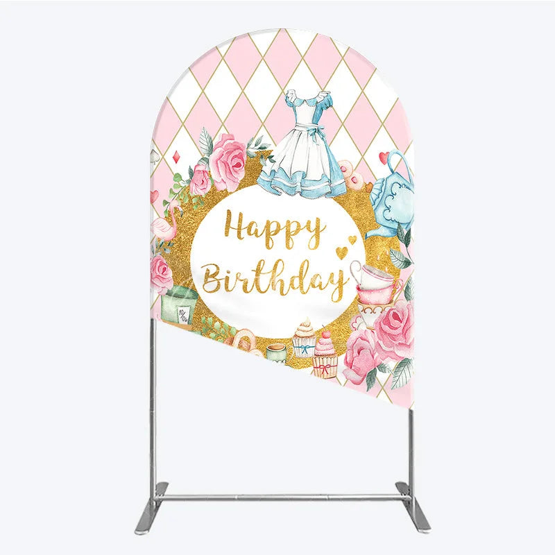Aperturee - Aperturee Pink and White Diamond Pattern Round Top Arch Backdrop Happy Birthday Fairytale Tea Party Decor with Blue Dress