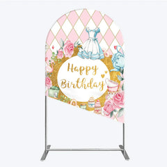 Aperturee - Aperturee Pink and White Diamond Pattern Round Top Arch Backdrop Happy Birthday Fairytale Tea Party Decor with Blue Dress