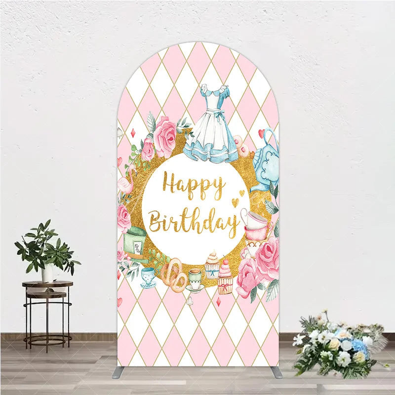 Aperturee - Aperturee Pink and White Diamond Pattern Round Top Arch Backdrop Happy Birthday Fairytale Tea Party Decor with Blue Dress