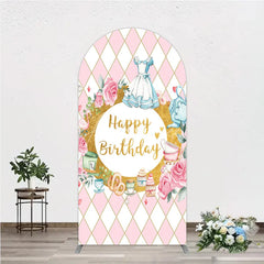 Aperturee - Aperturee Pink and White Diamond Pattern Round Top Arch Backdrop Happy Birthday Fairytale Tea Party Decor with Blue Dress