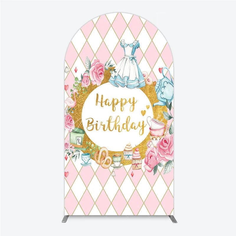 Aperturee - Aperturee Pink and White Diamond Pattern Round Top Arch Backdrop Happy Birthday Fairytale Tea Party Decor with Blue Dress