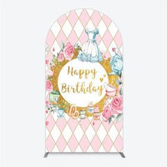 Aperturee - Aperturee Pink and White Diamond Pattern Round Top Arch Backdrop Happy Birthday Fairytale Tea Party Decor with Blue Dress