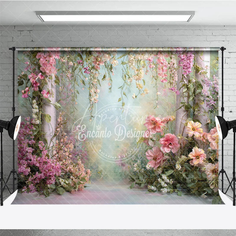 Aperturee - Aperturee Pink and White Floral Garden Photography Backdrop with Hanging Vines Ethereal Spring Wedding Decor