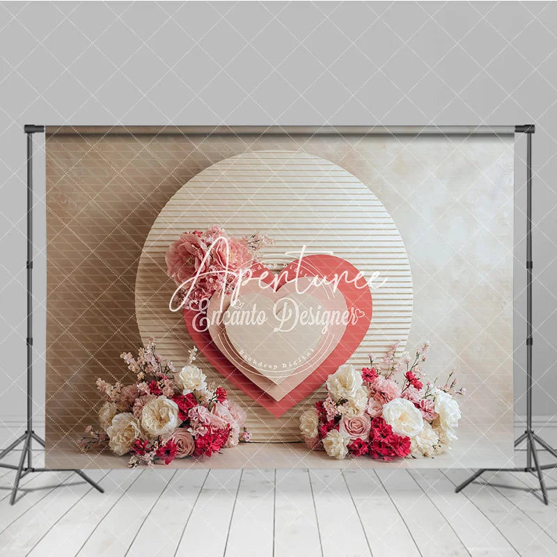 Aperturee - Aperturee Pink and White Floral Layered Heart Round Panel Photography Backdrop Romantic Valentine Wedding Baby Shower Decor