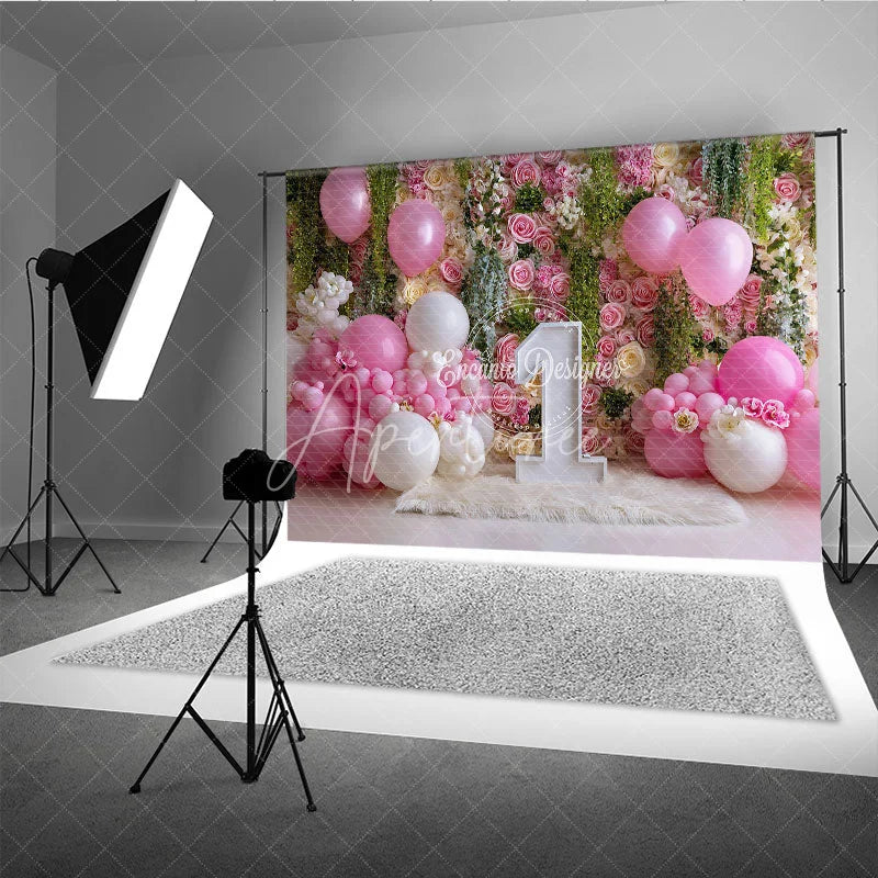 Aperturee - Aperturee Pink and White Floral Rose Wall Photography Backdrop First Birthday Baby Shower with Balloons and Number