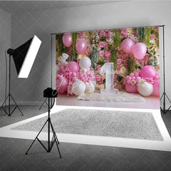 Aperturee - Aperturee Pink and White Floral Rose Wall Photography Backdrop First Birthday Baby Shower with Balloons and Number