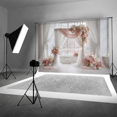 Aperturee - Aperturee Pink and White Floral Wedding Arch Photography Backdrop Bright and Airy Decor Romantic Indoor Ceremony Photo Booth