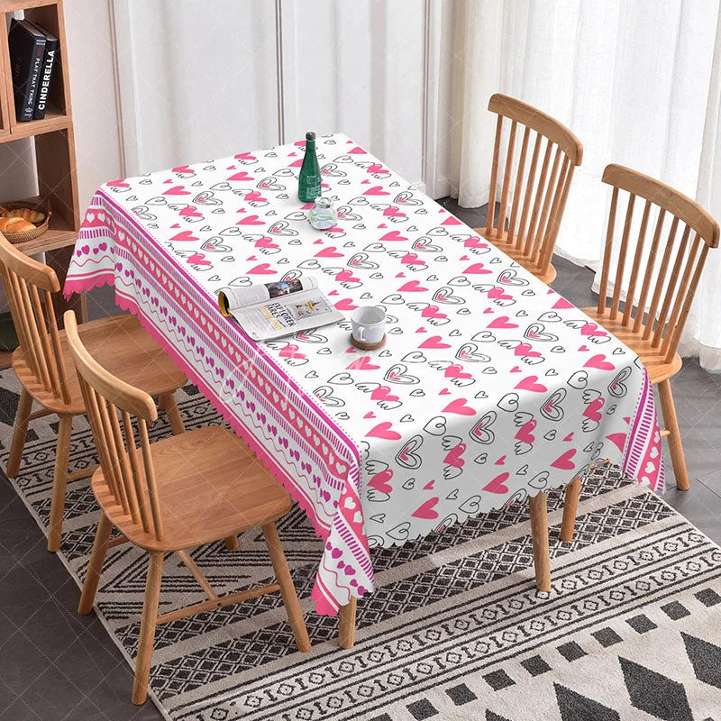Aperturee - Aperturee Pink and White Sketch Heart Rectangle Tablecloth Sweet Love Doodle Design Girls Valentine Party Decor