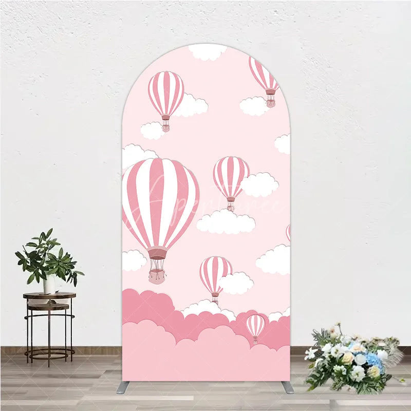 Aperturee - Aperturee Pink and White Striped Hot Air Balloon and Cloud Round Top Arch Backdrop Cartoon Baby Shower Birthday Party Decor