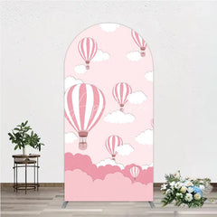 Aperturee - Aperturee Pink and White Striped Hot Air Balloon and Cloud Round Top Arch Backdrop Cartoon Baby Shower Birthday Party Decor