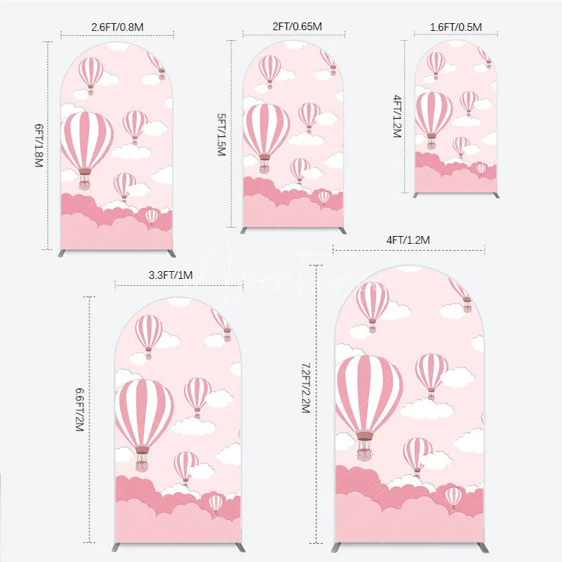 Aperturee - Aperturee Pink and White Striped Hot Air Balloon and Cloud Round Top Arch Backdrop Cartoon Baby Shower Birthday Party Decor