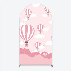 Aperturee - Aperturee Pink and White Striped Hot Air Balloon and Cloud Round Top Arch Backdrop Cartoon Baby Shower Birthday Party Decor