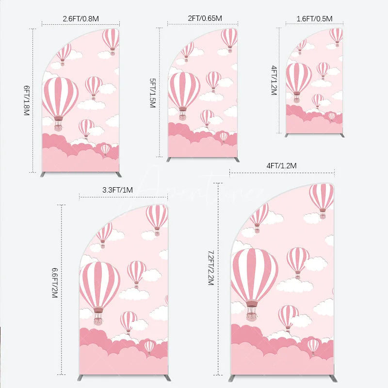 Aperturee - Aperturee Pink and White Striped Hot Air Balloon Half Moon Arch Backdrop Dreamy Sky Baby Shower Decor