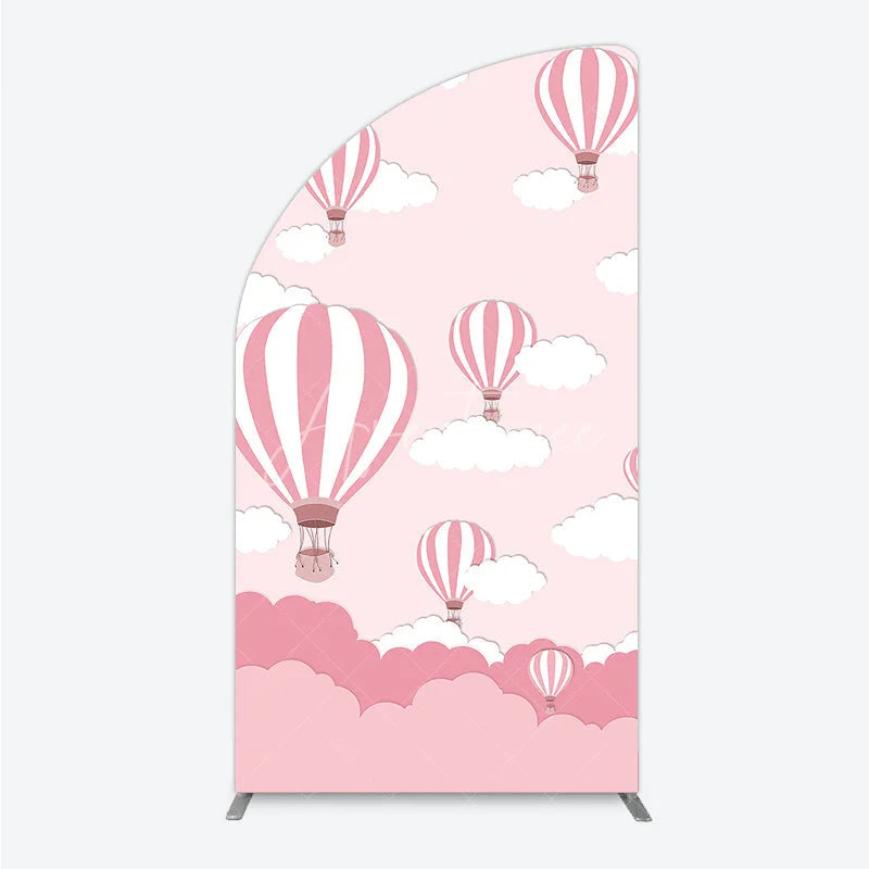 Aperturee - Aperturee Pink and White Striped Hot Air Balloon Half Moon Arch Backdrop Dreamy Sky Baby Shower Decor