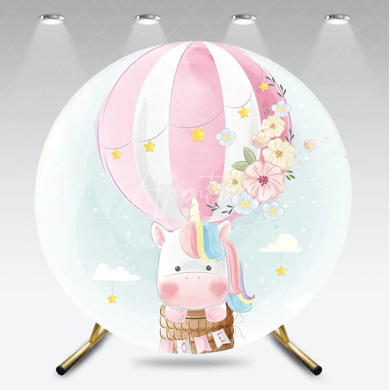 Aperturee - Aperturee Pink and White Striped Hot Air Balloon Unicorn Round Backdrop Pastel Flowers and Stars for Baby Shower Birthday Party