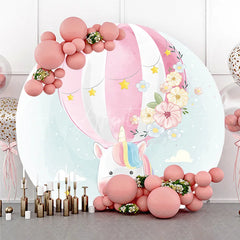 Aperturee - Aperturee Pink and White Striped Hot Air Balloon Unicorn Round Backdrop Pastel Flowers and Stars for Baby Shower Birthday Party
