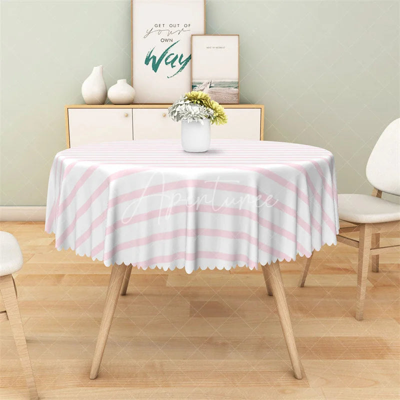 Aperturee - Aperturee Pink and White Striped Round Tablecloth Pastel Candy Stripe Table Cover for Birthday Party