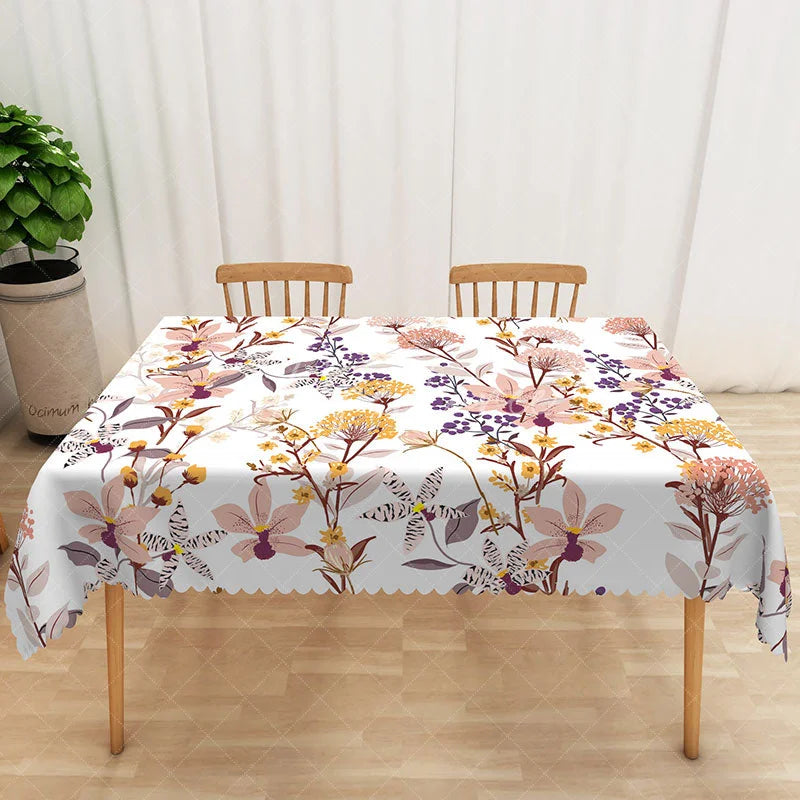 Aperturee - Aperturee Pink and Yellow Floral Tablecloth with Green Leaves for Spring and Summer Garden Party Decorations