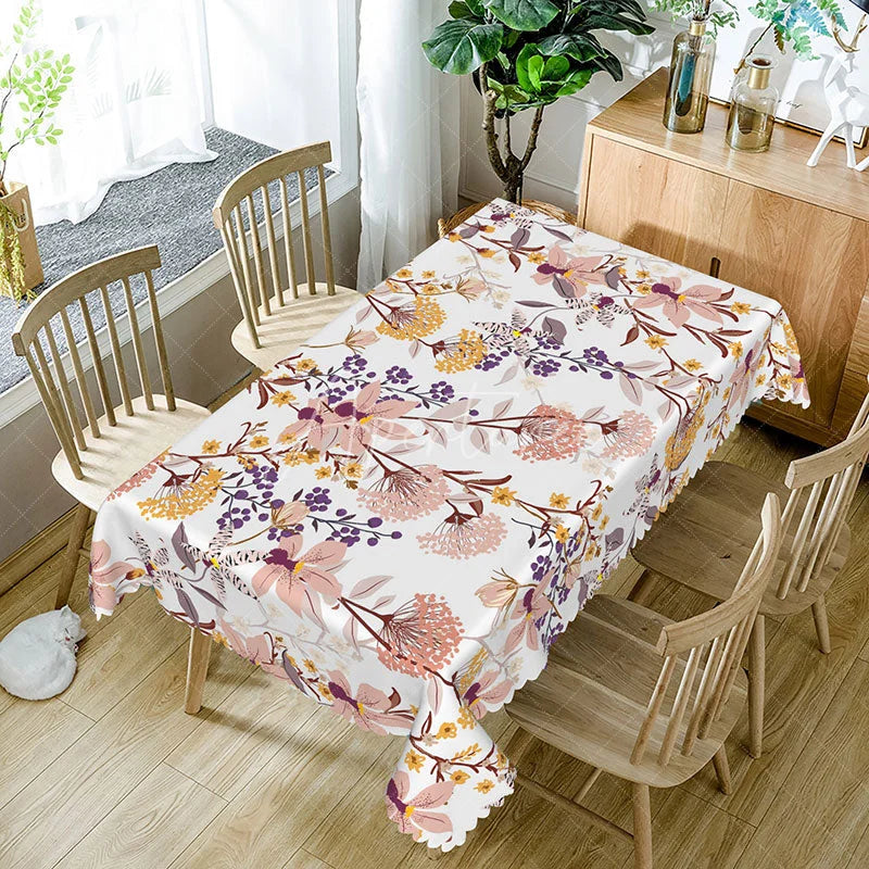 Aperturee - Aperturee Pink and Yellow Floral Tablecloth with Green Leaves for Spring and Summer Garden Party Decorations