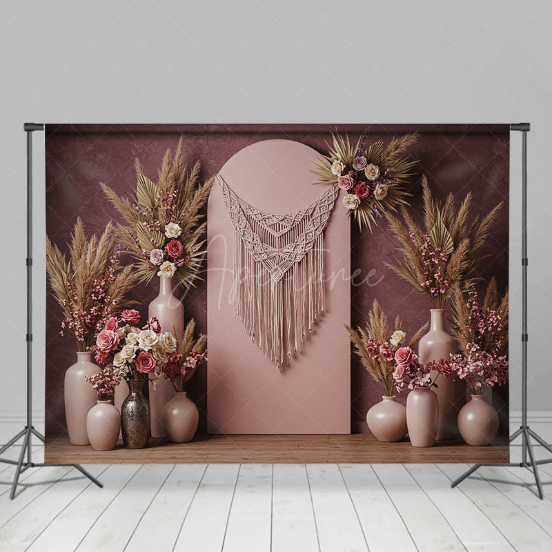 Aperturee - Aperturee Pink Arch Boho Floral Feather Wedding Photo Backdrop