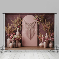 Aperturee - Aperturee Pink Arch Boho Floral Feather Wedding Photo Backdrop
