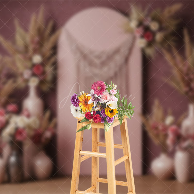Aperturee - Aperturee Pink Arch Boho Floral Feather Wedding Photo Backdrop
