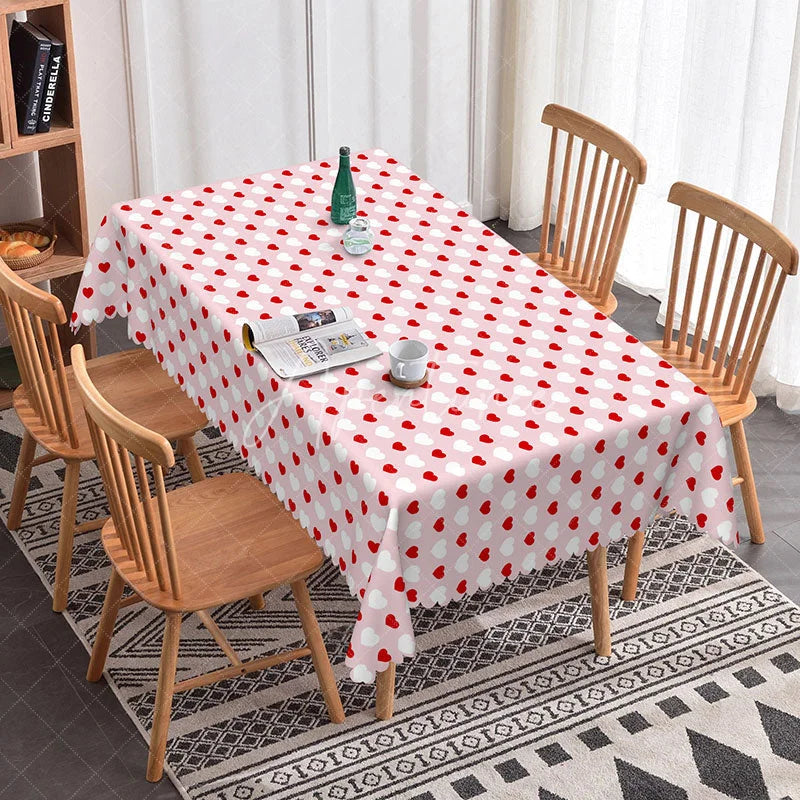 Aperturee - Aperturee Pink Background White Heart Polka Dot Rectangle Tablecloth Classic Love Pattern Cute Girls Party Decor
