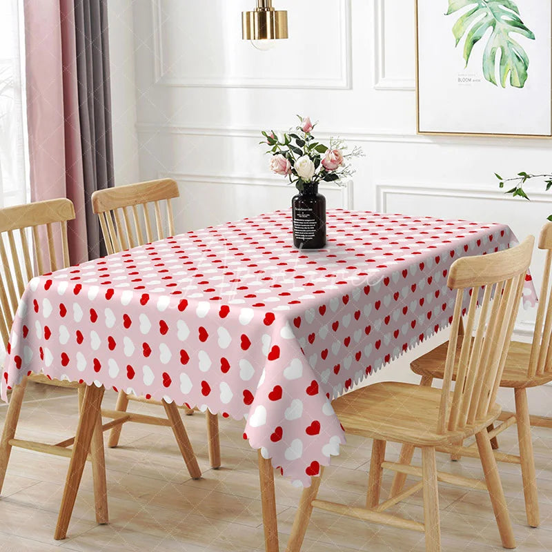 Aperturee - Aperturee Pink Background White Heart Polka Dot Rectangle Tablecloth Classic Love Pattern Cute Girls Party Decor