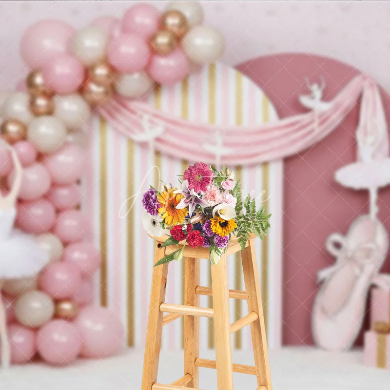 Aperturee - Aperturee Pink Ballerina and Golden Stripes Backdrop Ballet Tutu and Ribbon Decor for Girl Birthday Cake Smash